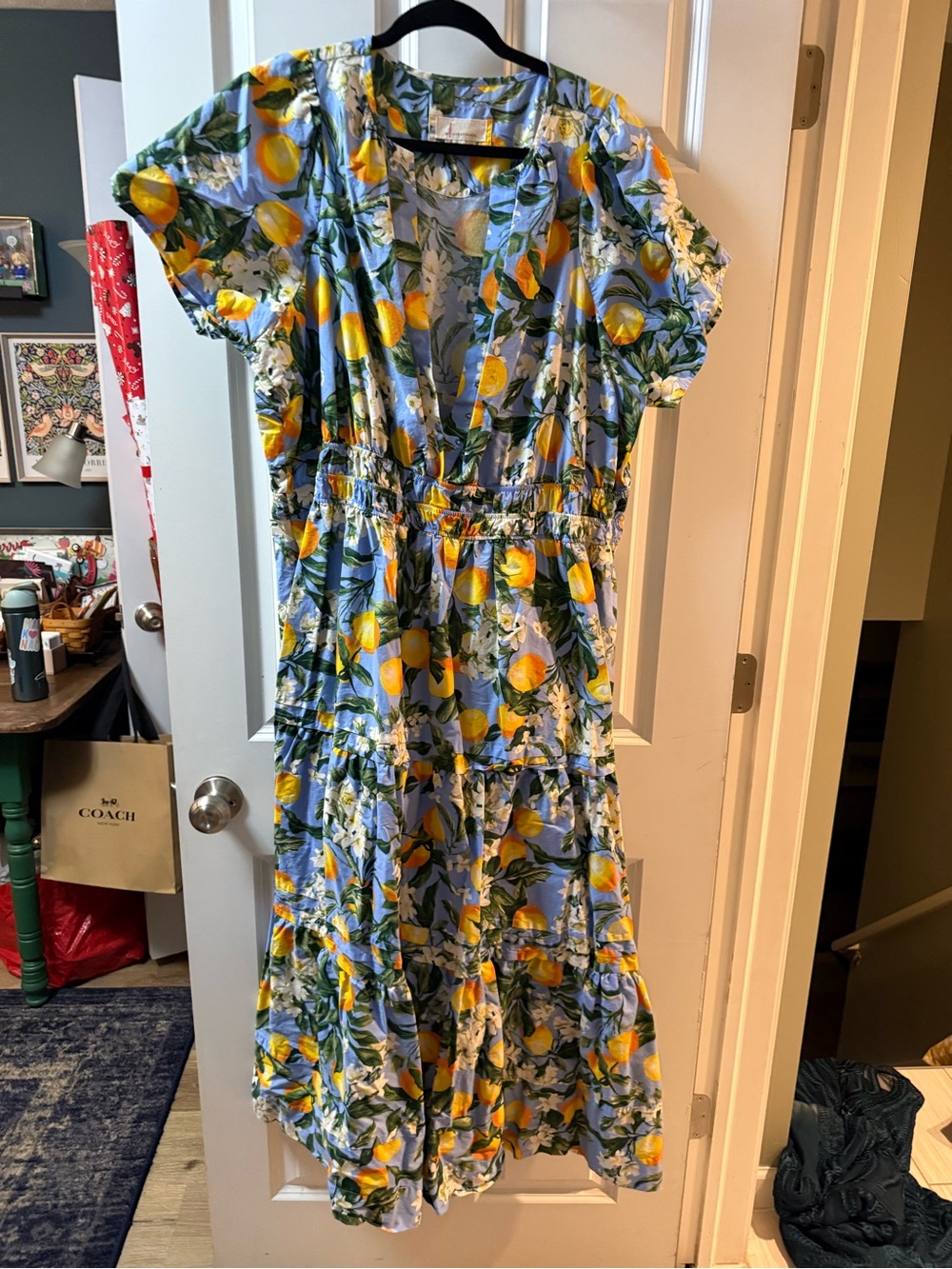 Anthropologie Blue Lemon-Print Tiered Midi Dress